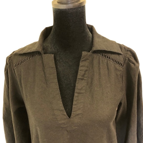 Anthro The Odells Black ALine VNeck Crochet Linen Blend Puff Sleeve Dress - Picture 5 of 13